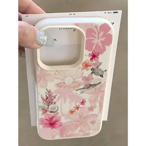 Pink White Leather Ocean Element Fashion Phone Case , Sea Turtle, Coconut, Orchid, Coral, Pearl Shell, Palm Tree Pattern Phone Case, Compatible With Iphone 17/16/15/14 Plus,Air, Series, International Version, Not The Domestic Version Spring Gift Party
