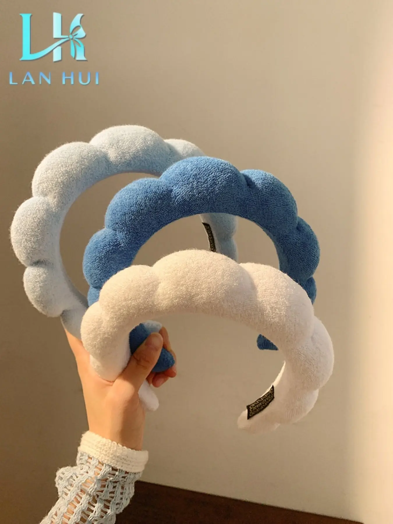 3 Pcs Cloud Bubble Spa Headbands, Blue White Plush Stretchy Fabric, Cute Style, Non-Slip Thick Padding, Women Girls Hair Accessories