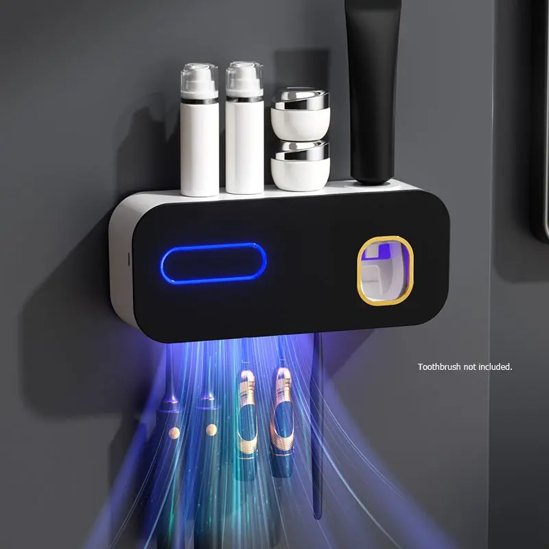 UV Disinfection Toothbrush Sanitizer Holder, Toothbrush Holders For Bathrooms, Wall-Mounted Multifunctional Toothbrush Storage Rack with Automatic Toothpaste Dispenser, USB Rechargeable Smart Bathroom Toothbrush Stand