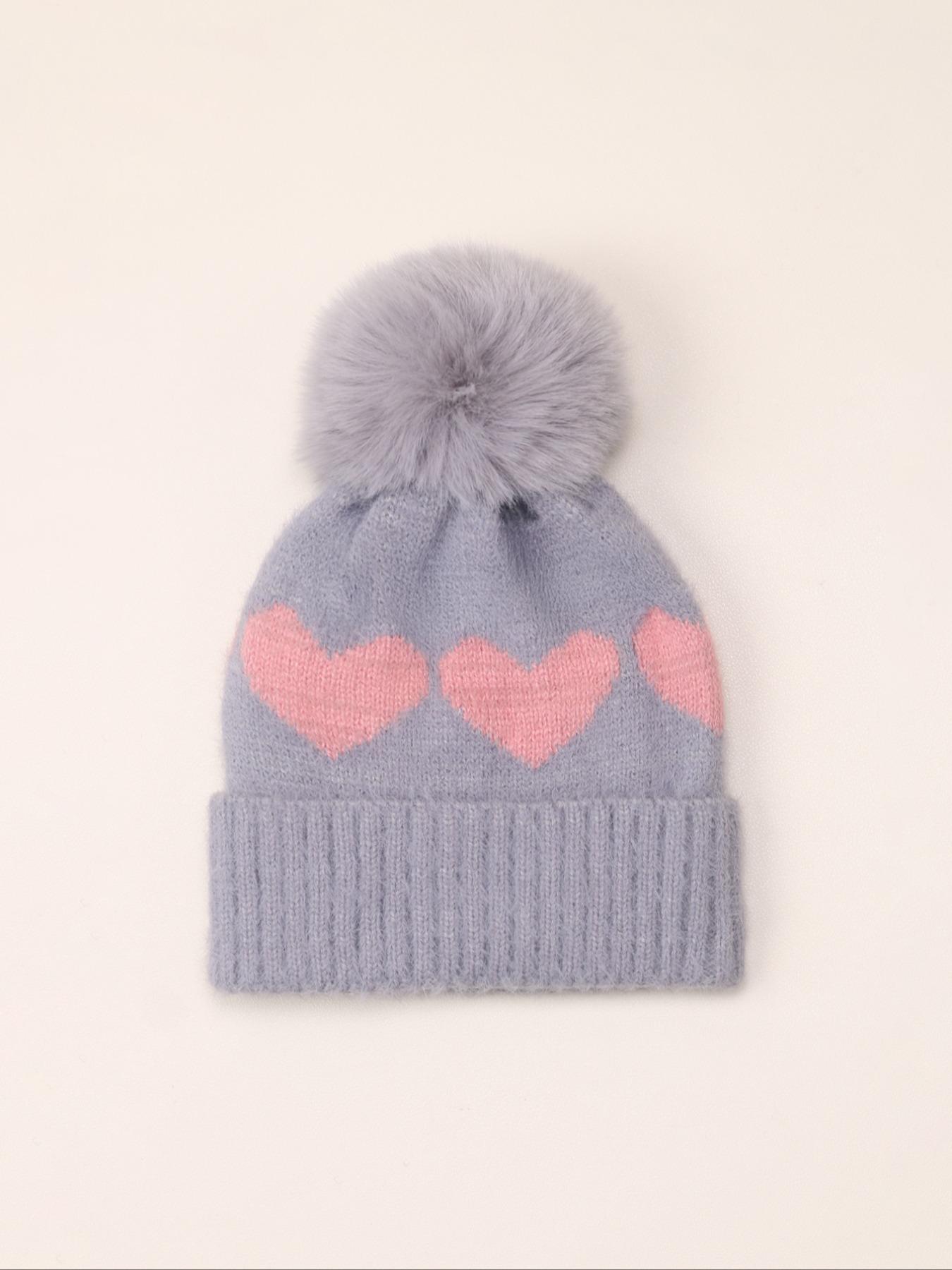 Newborn Knit Hat for Babies 1-3 Years Old, Heart Design Fuzzy Ball Beanie, Warm Winter Outdoor Cap, Casual Daily Commute Wear, Winter Skull Cap
