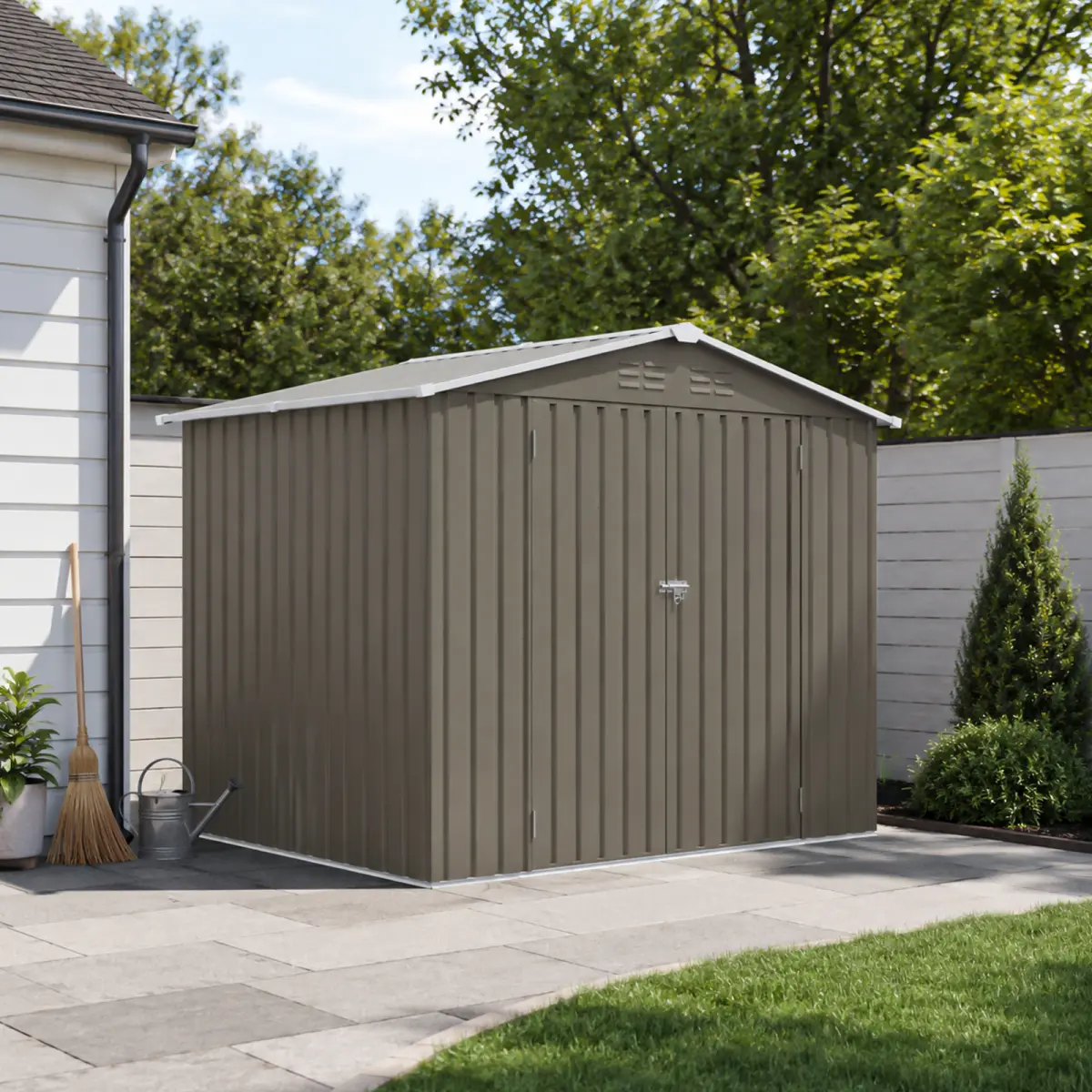 8x6 FT Galvanized Steel Storage Shed – Outdoor Tool House with Secure Lockable Double Doors, Built-in Ventilation, Rust-Proof Garden Shed for Backyard Equipment, Olive Grey