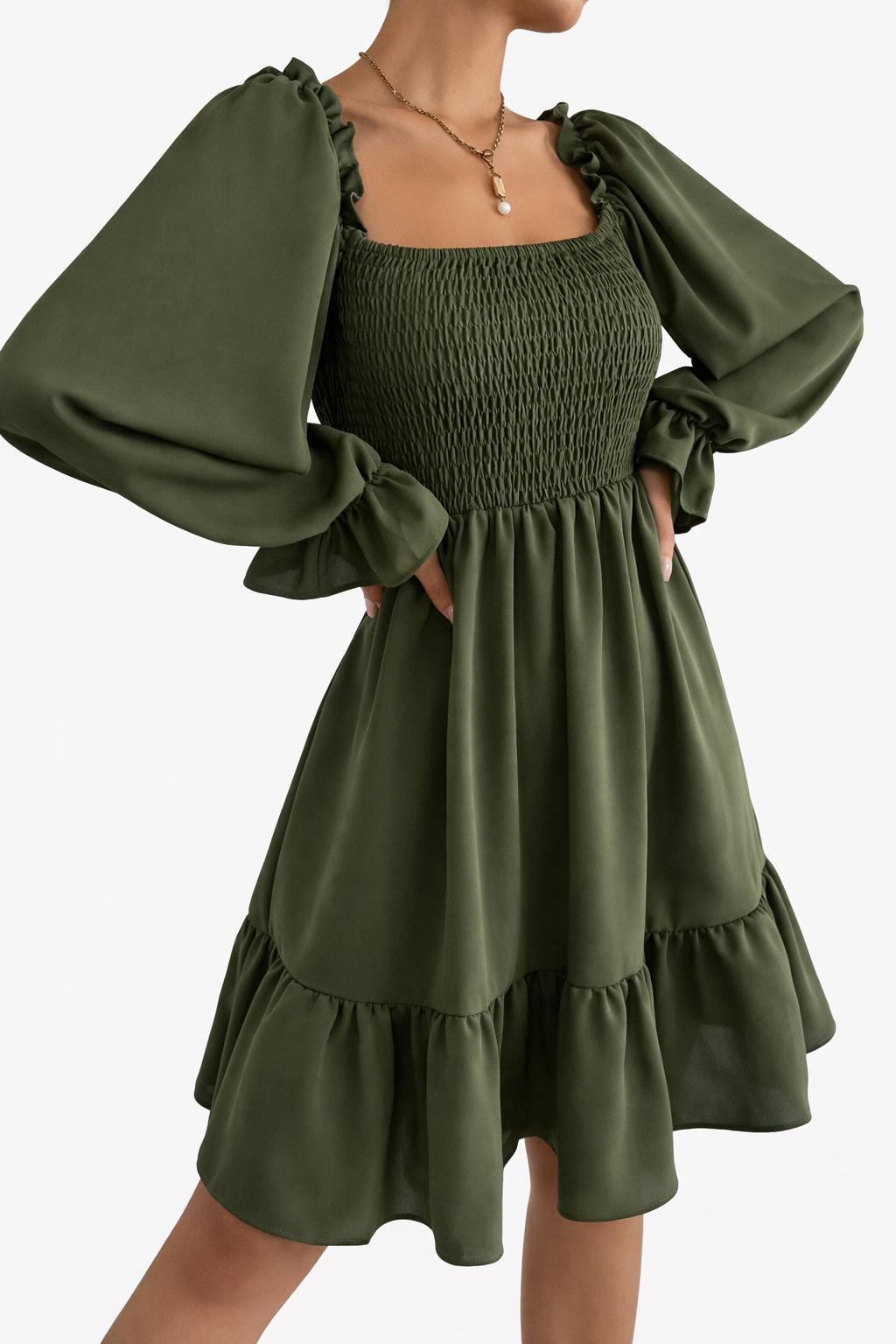 2026 Simple Square Collar Parallel Crepe Dress Body Frill Hem Skirt Dress