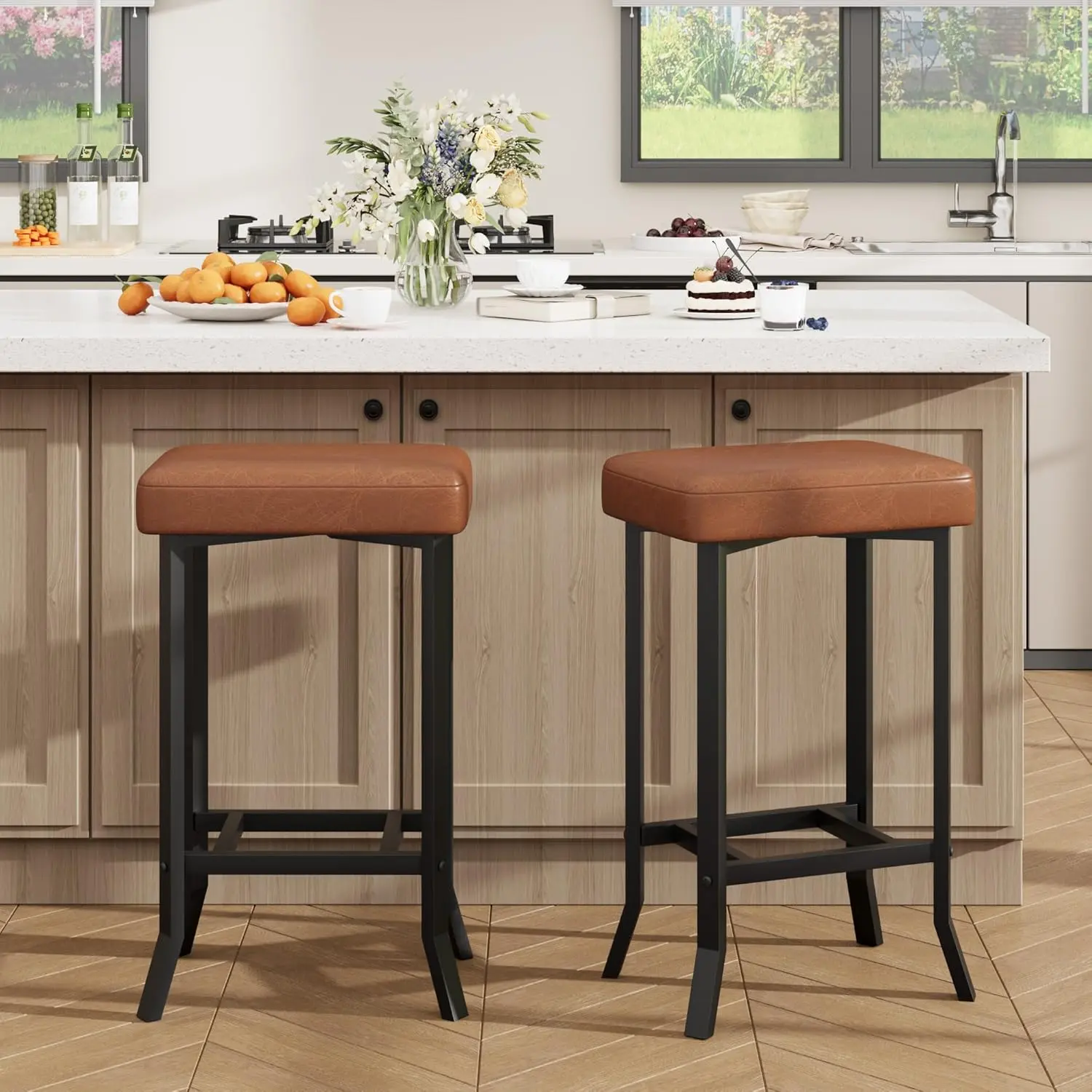 Bar Stools Set of 2, 24 Inch Counter Height Bar Stools, Leather Upholstered Barstools with Irregular Legs, Compact Counter Stools for Small Spaces, Kichen Home Bar Dining Room, Caramel