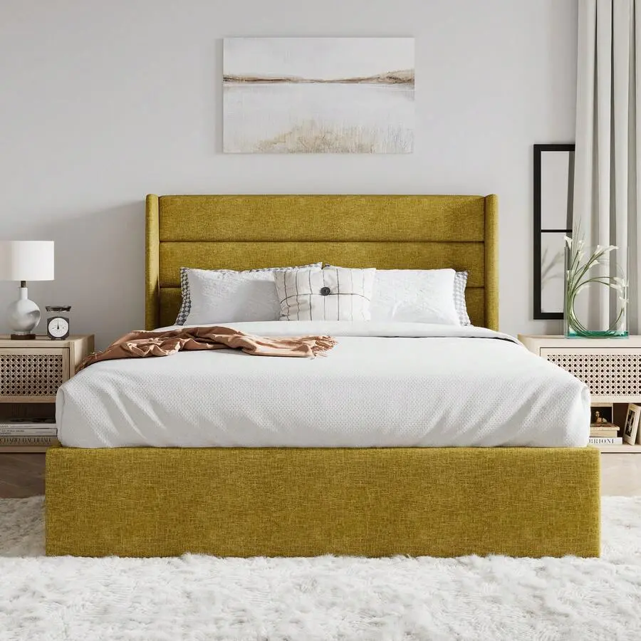 Full/Queen/Size Lift Up Storage Bed, Modern Wingback Headboard, Upholstered Platform Bed Frame, Hydraulic Storage, No Box Needed, Wood Slats Support, Yellow
