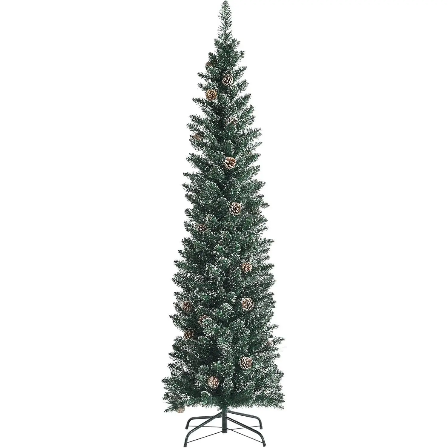 6 Feet Slim Pencil Christmas Tree, Snowy Artificial Xmas Tree with 267 PVC Branch Tips & 31 Pine Cones, Festival Celebration Tree for Home Office & Shop