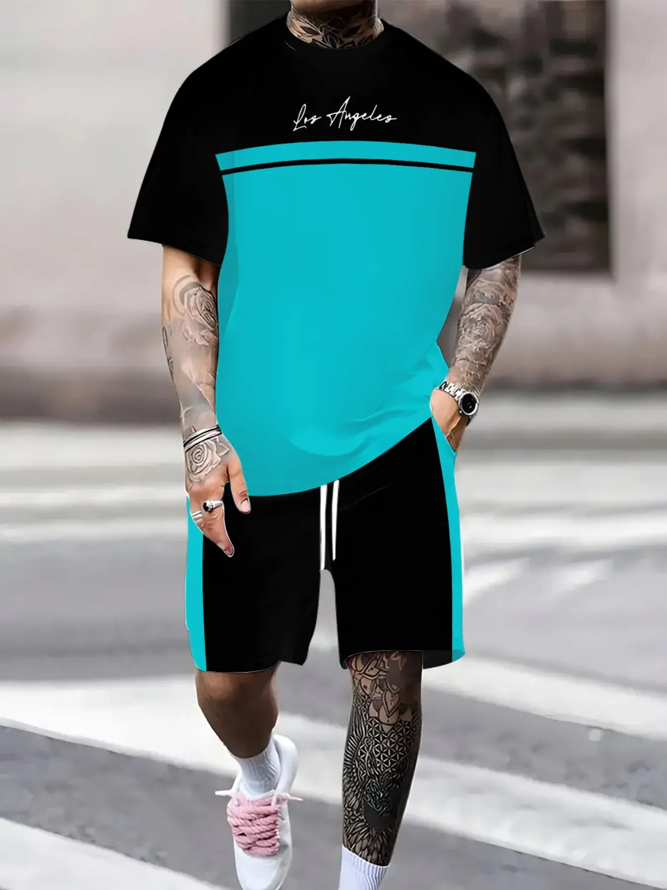Men's Colorblock Los Angeles Two-Piece Set, Summer Urban Style Short Sleeve Shorts, Breathable Casual Men's Clothing