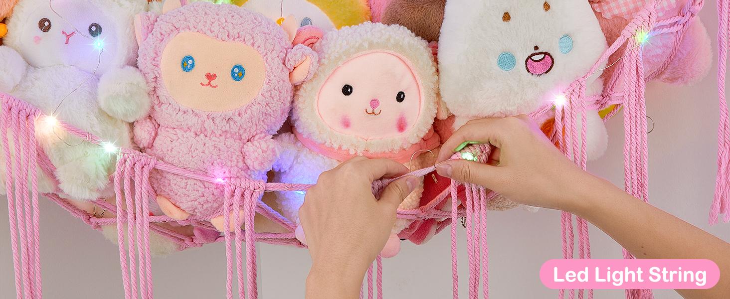 Basumee Stuffed Animals Net or Hammock with LED Light, Hanging Stuffed Animals Storage Toy Hammock Net Corner Wall Girls Room Decor Toy Storage Organizer, Pink, XL