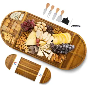 Extra Large 30'' x 13'' Acacia Charcuterie Boards, 3 Part Magnetic Long & Round Cheese Board with Knife Set Wine Opener & Cheese Marker, Unique Serving Tray for Birthday Wedding Gift