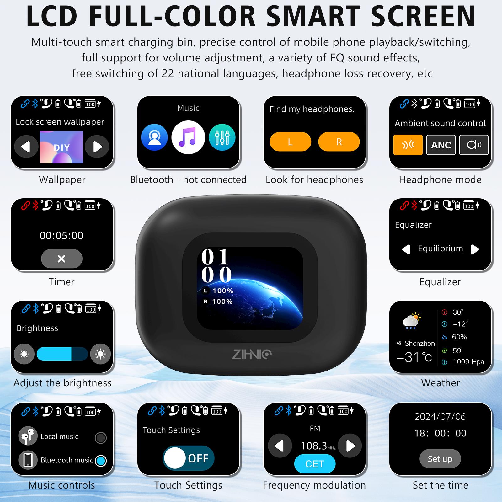 ZIHNIC S18  Earbuds with Smart Touch Screen Case,DIY Wallpaper, LED Display, IPX5 Waterproof, Noise Reduction Wireless Headphones, Bluetooth 5.4 Earphones, 25H Playtime, Adjustable Ear Hooks Headset Electronic