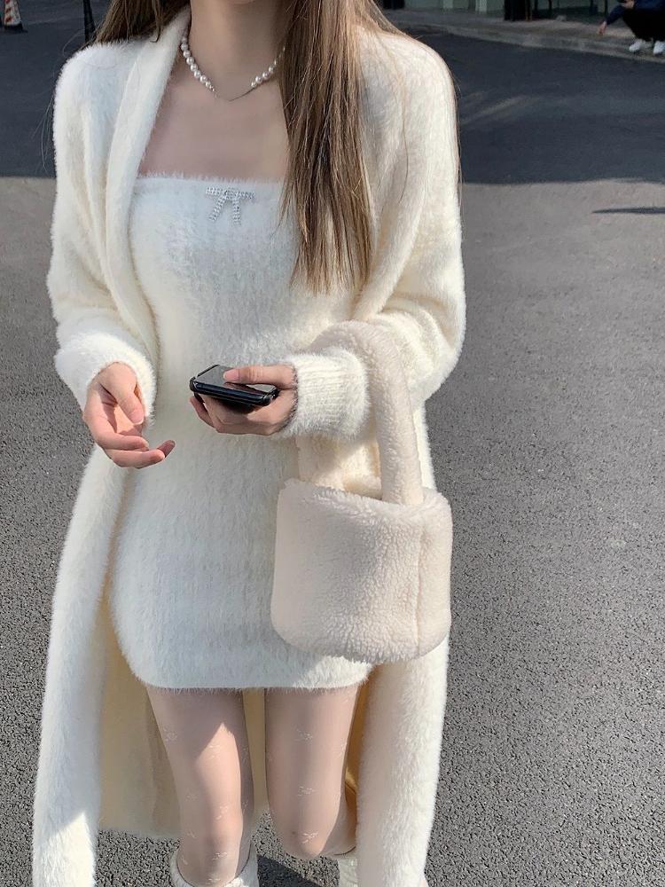 2025 Autumn Knitted Suits Women  Clothing Korean Fashion 2 Piece Dress Sets Female Casual Cardigan Coast + Mini Dress Vintage