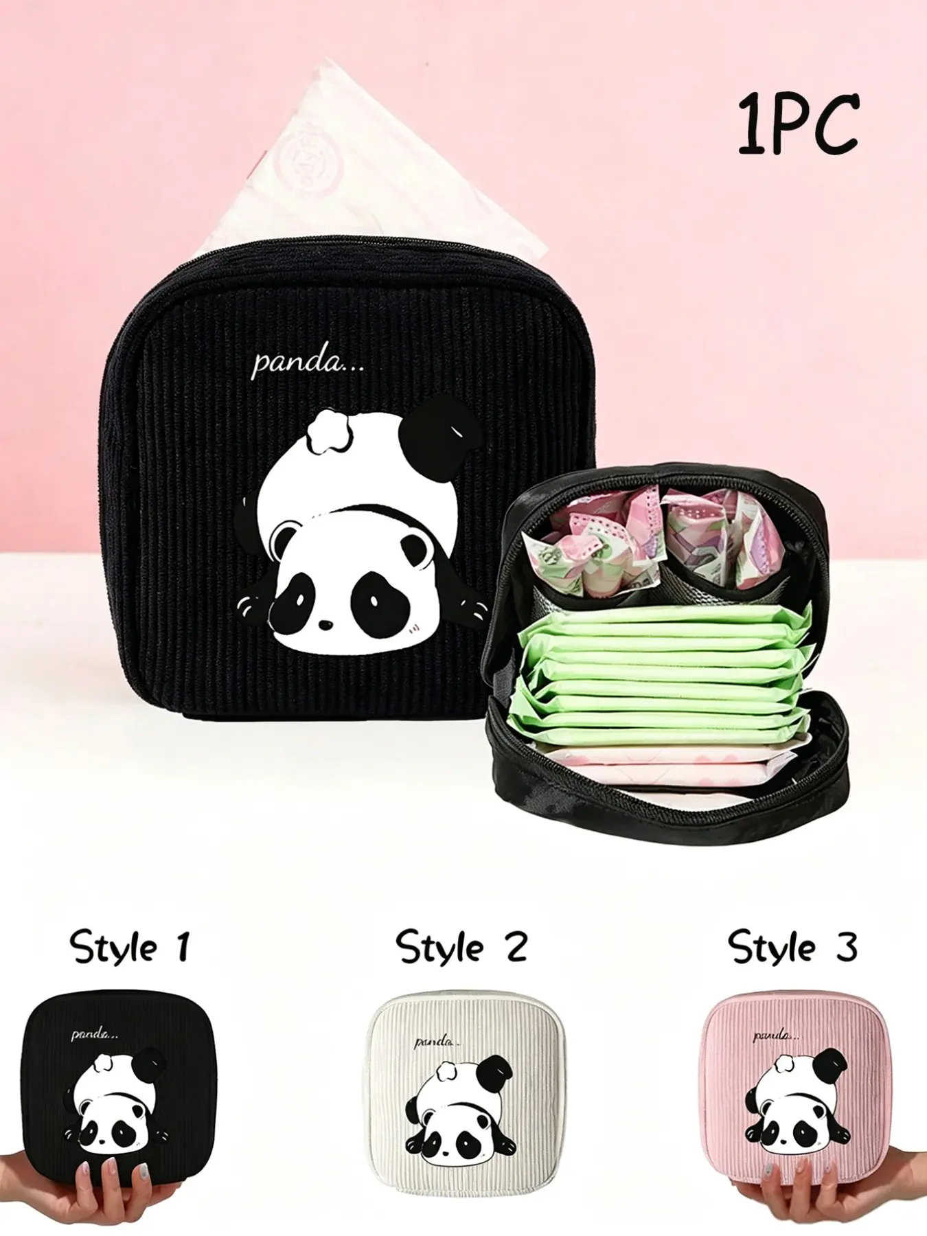 Cute Panda Corduroy Sanitary Pad Storage Bag, Portable Waterproof Period Organizer Pouch, Cosmetic Pouch, Kawaii Mini Makeup Coin Purse for Women Girls