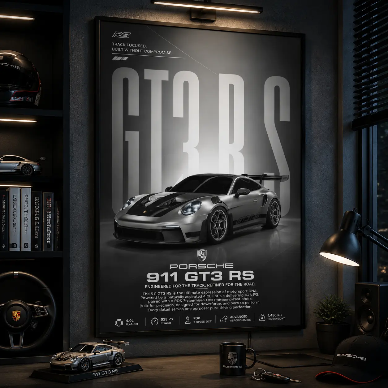 Porsche 911 GT3 RS Canvas Wall Art Poster Print Supercar Racing Decor HD Modern Garage Man Cave Bedroom Living Room Office Wall Decoration Automotive Gift for Car Enthusiasts Luxury Sports Car Aesthetic High Quality Print Track Inspired Performance