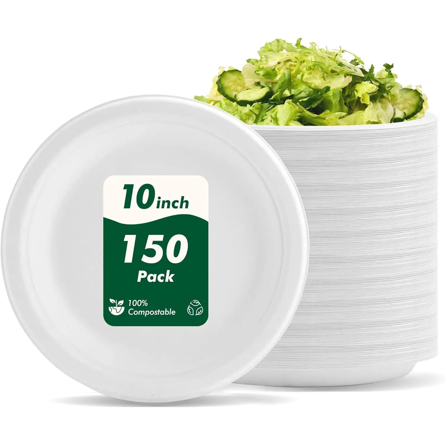 10 Inch 150 Pack Compostable Paper Plates, Disposable Heavy-Duty Plates, Biodegradable Sugarcane Fiber Paper Round White Plates, Microwavable