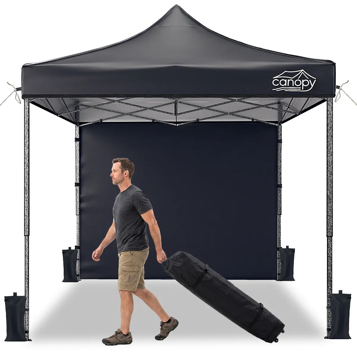 10x10 Pop Up Canopy Tent - Sturdy Metal Frame Rectangle Sunshade Cover, 1 Sidewall, Black Speckled Steel Build, UPF50+ Sun Protection Top, 4 Adjustable Heights (6.7-7.6 ft), Sandbags, Stakes, Ropes, Carry Bag, Waterproof Sun Shelter for Patio Outdoor Use