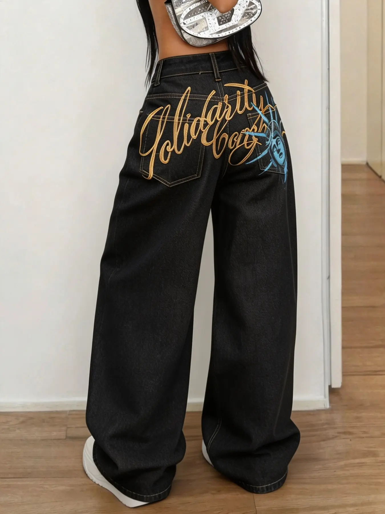 Women's High Street Goddess Print Letter Embroidery Straight Leg Wide Leg Pants, Vintage Fashion Slim Fit Loose Long Pants, All Seasons