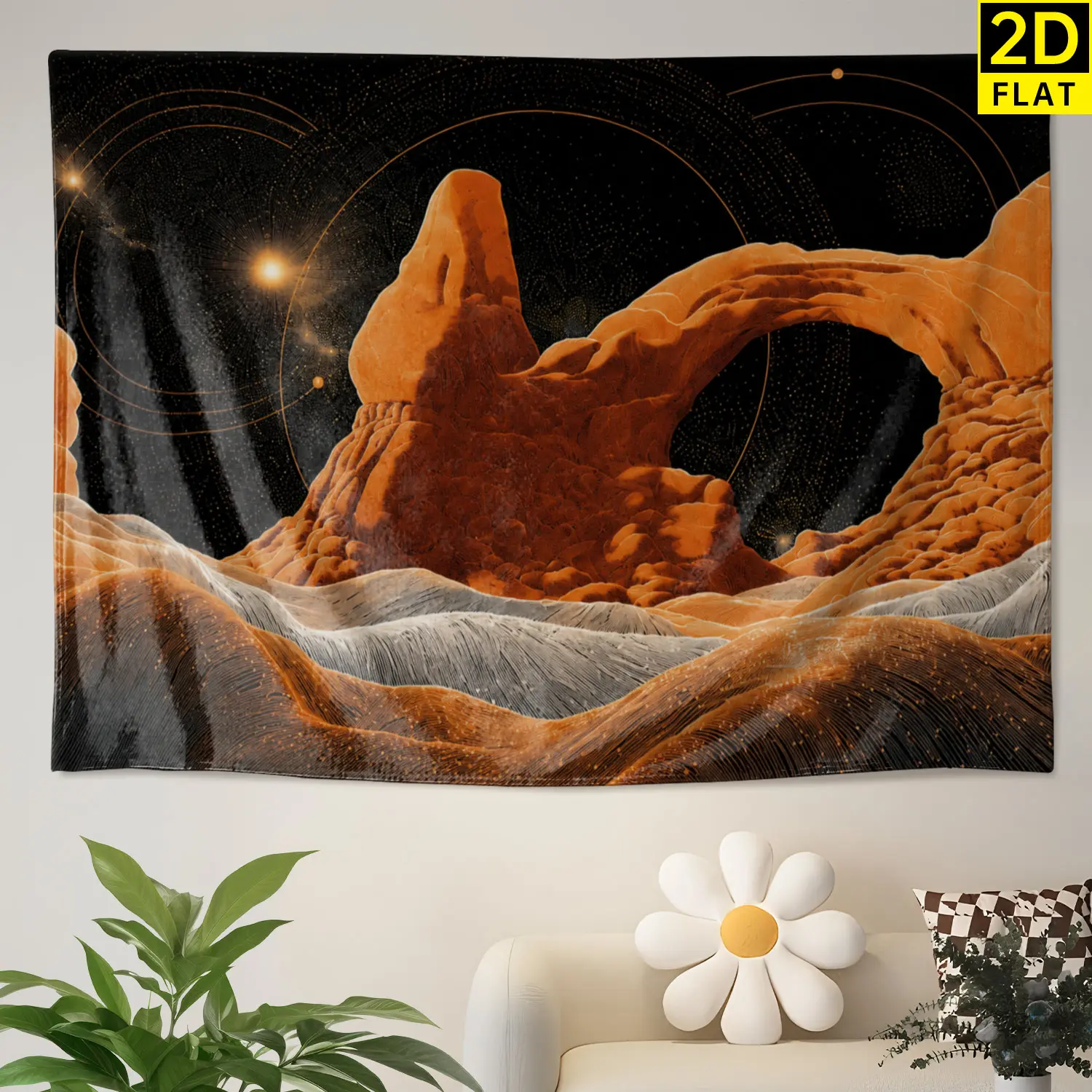 Abstract Cosmic Desert Sandstone Arch Wall Tapestry - Large Printed Horizontal Polyester Wall Decor Artwork, No-Installation Room Decor for Living Room, Bedroom, Gift Idea for Family