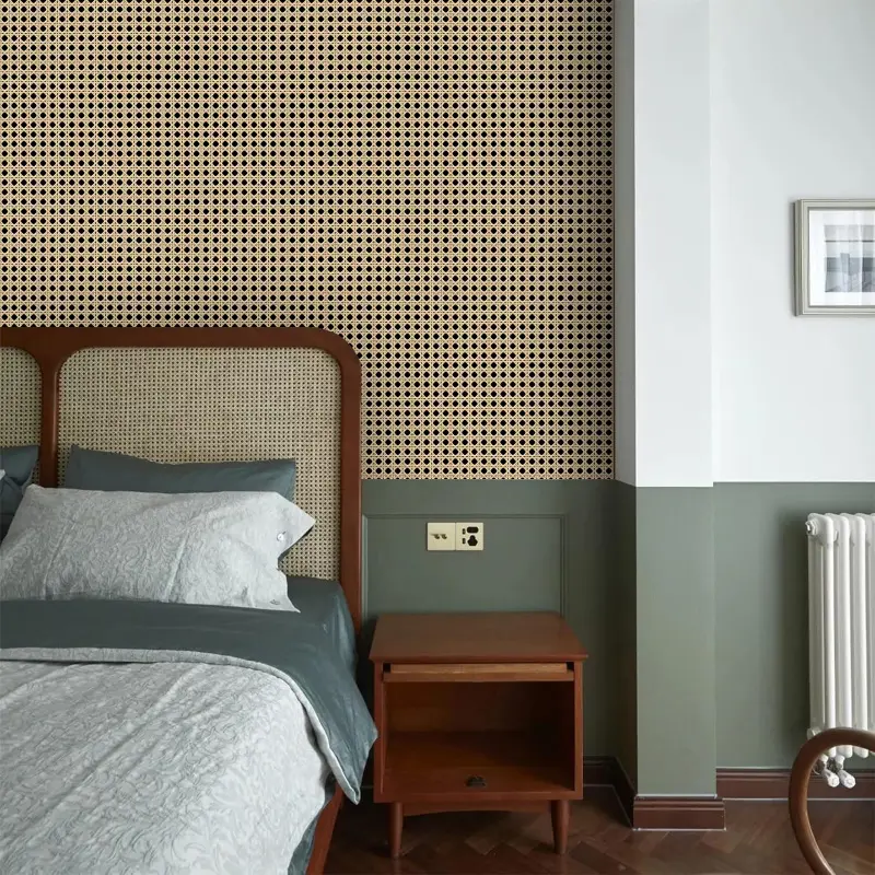 1Roll 17.32 x 118.11 Inches rattan grid self adhesive wallpaper Southeast Asian bamboo texture PVC waterproof for bedroom cabinet retro renovation