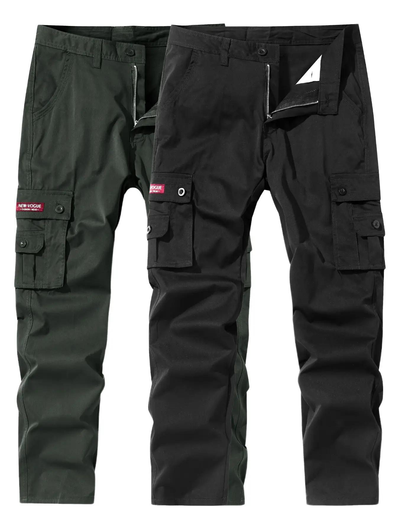 Men's Solid Color Patched Zipper Fly Cargo Pants, Regular Fit Casual Button Multi-pocket Straight Leg Trousers for Wear, Trendy Style Pants for Men, Menswear, Casual Streetwear Trousers, Casual Fit Bottoms, Casual Minimalist Trousers, Casual Slant Pocket