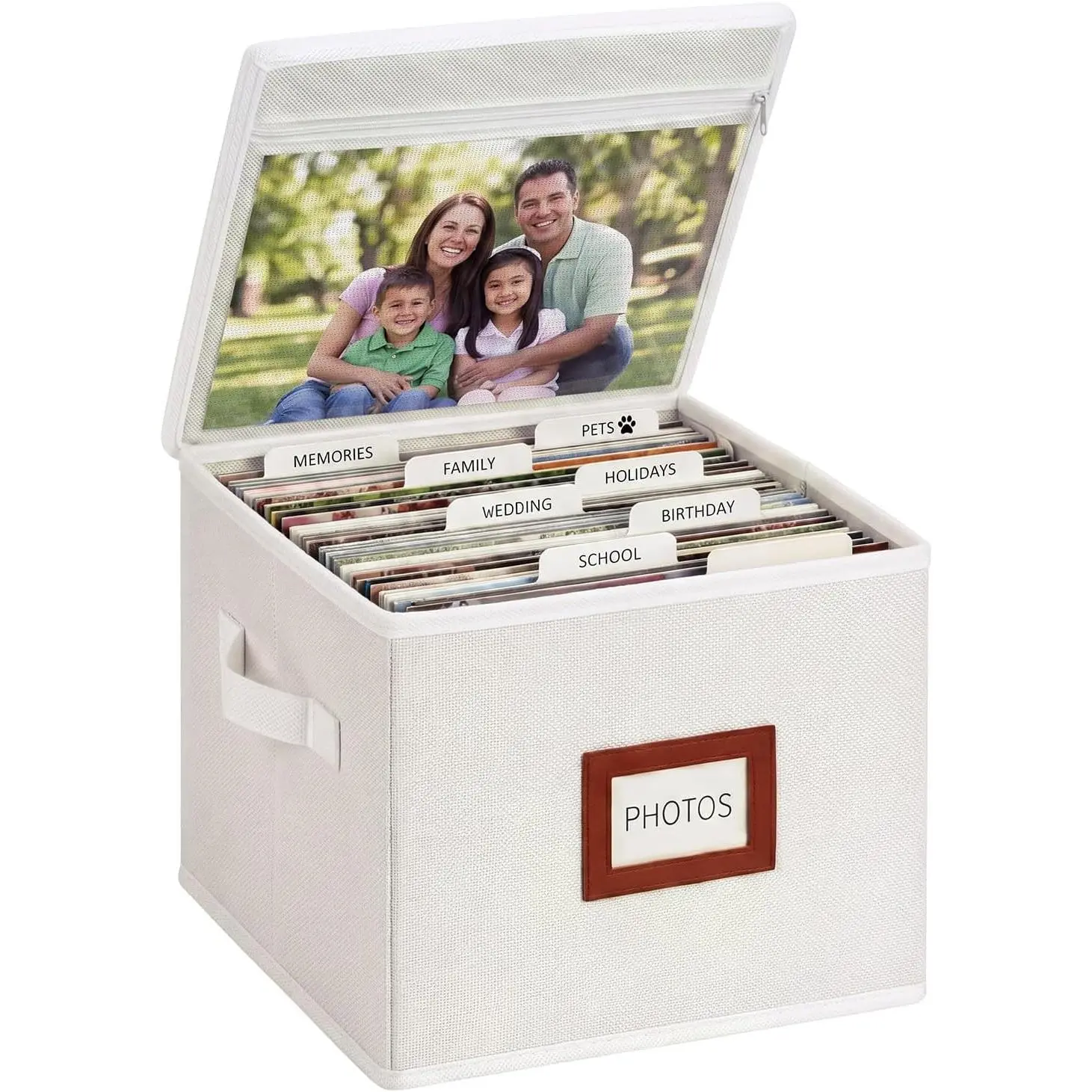11 x 9 Decorative Photo Storage Box with Lid and Dividers Linen Photo Organizer for up to 800 Pictures and 8 x 10 Photos Scrapbook Containers with Side Handle for Family, Wedding Memory
