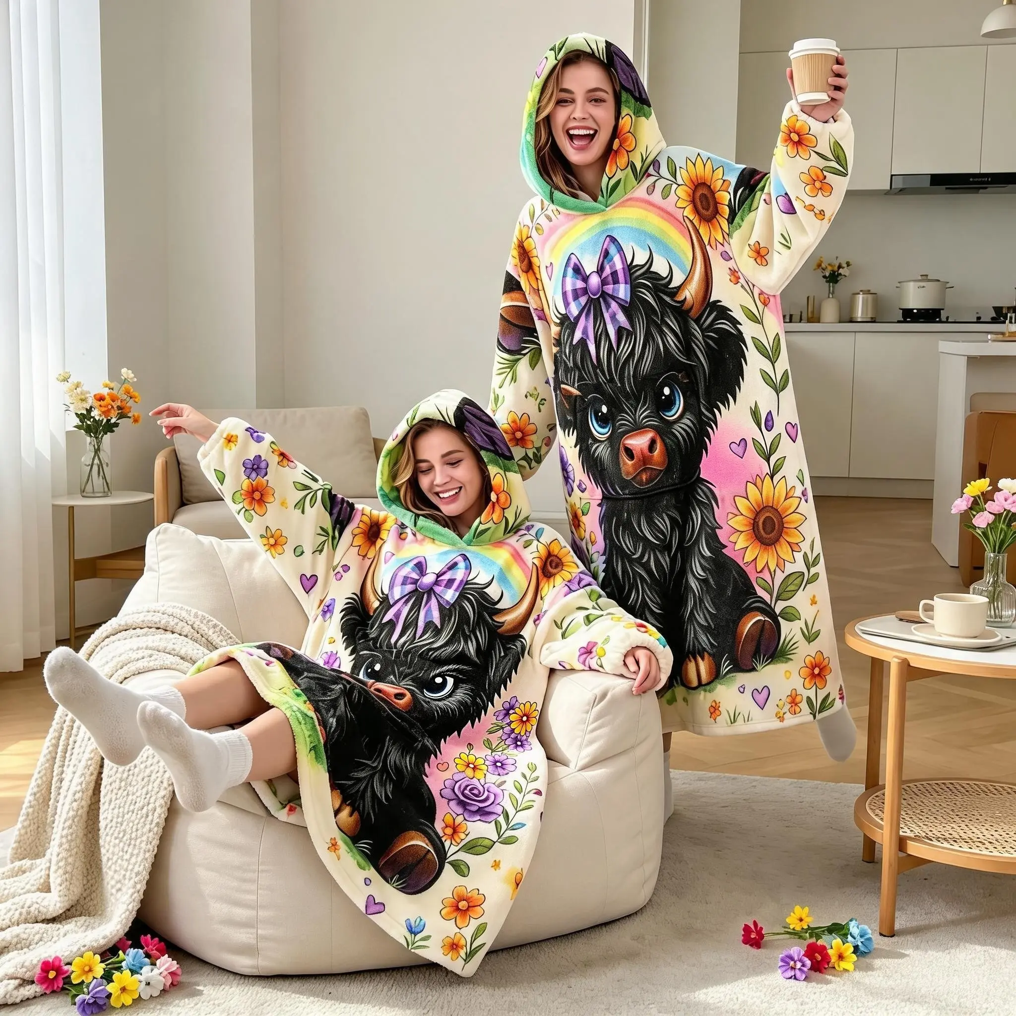 Flannel Loose Bathrobe, Rainbow Floral Butterfly Print, Long Sleeve Comfortable Sleepwear, Reusable Home Robe for Girls, Perfect Gift