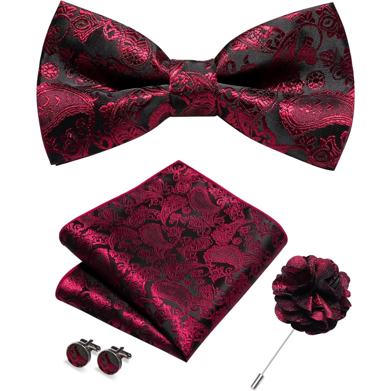 Paisley Pre-tied Bow Tie and Pocket Square Cufflinks Lapel Pin Sets for Men 4PCS