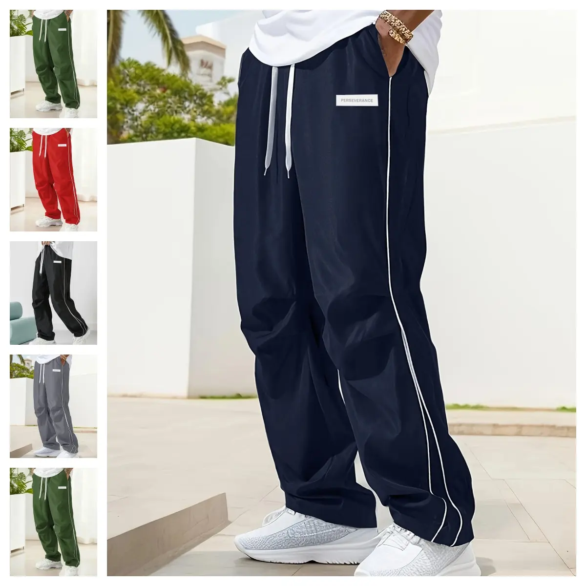 Guys Loose Fit Track Pants Side Piping Line Contrast Drawstring Elastic Waist Baggy Sweatpants Everyday Casual Trousers Male Fashion Clothing Apparel cozy soft cool clean chic active sporty casual premium classic stylish durable Menswear street style