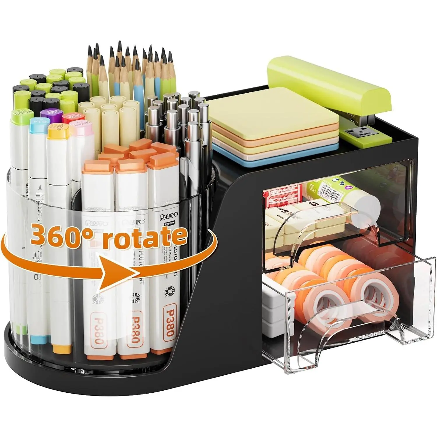 Plastic Compact Functional Desk Organizer - 2 Drawers, 360° Rotate Pen Holder, Multi-Slot 6-Slot Art Supply Storage Caddy for Office (Black)