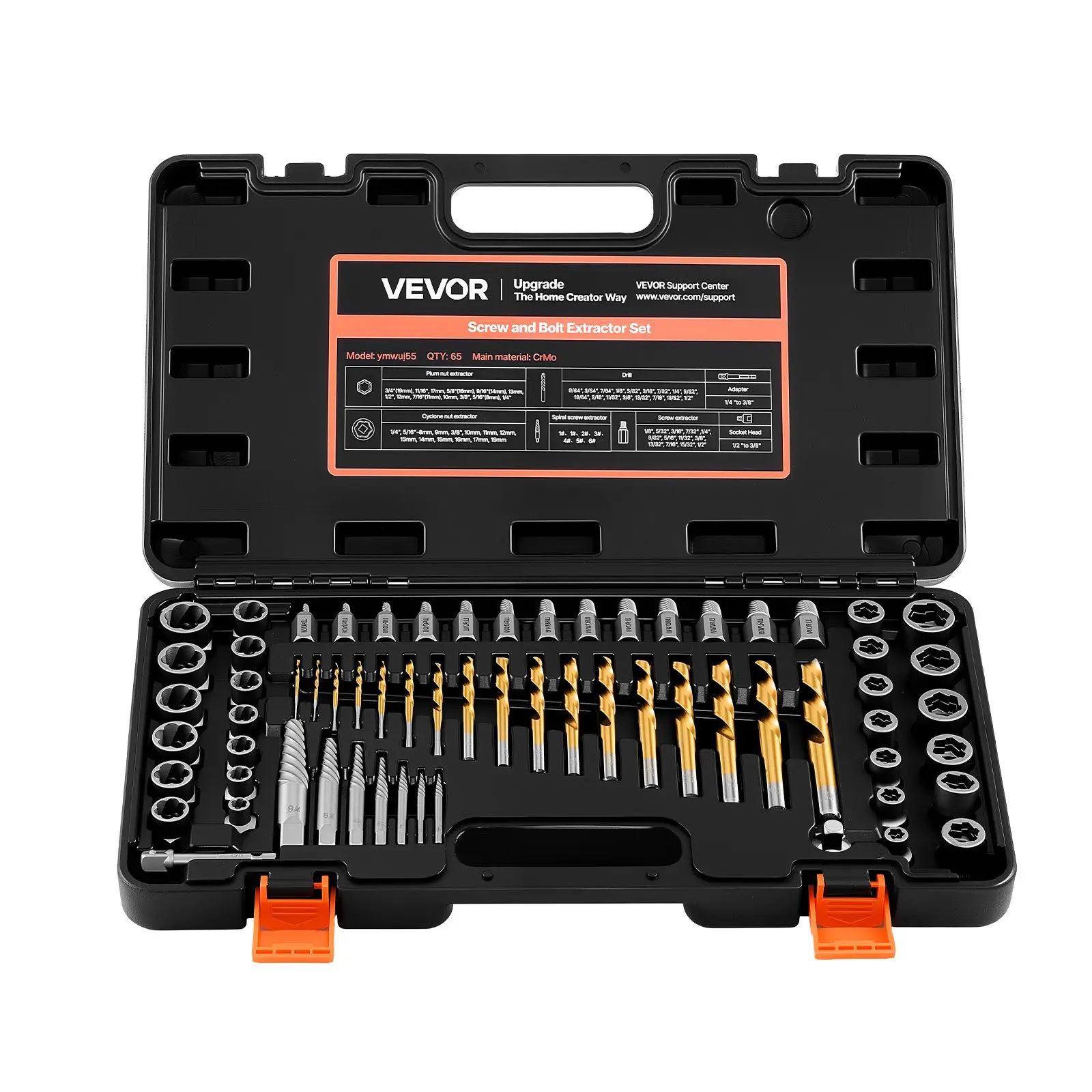 VEVOR 65-Piece Cr-Mo Steel Screw Extractor Set with Drill Bits, Adapters & Solid Storage Case – Easy-Out Nut Bolt Extractors for Repair, Removing Rounded, Broken or Stripped Fasteners