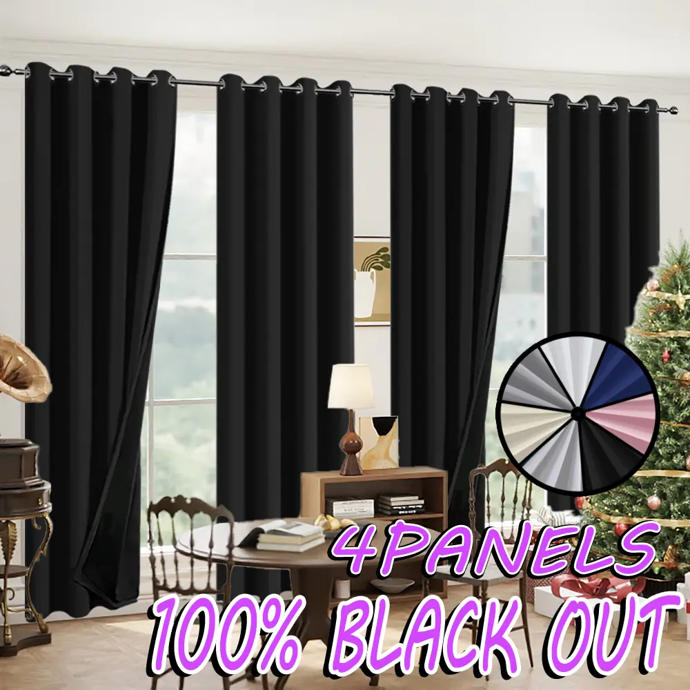 4-piece set of 100% blackout, sun protection, and heat-insulating curtains, with polyester material film lining and perforated hanging on the top. Modern romantic and minimalist style, suitable for home decoration such as bedrooms, balconies, living rooms