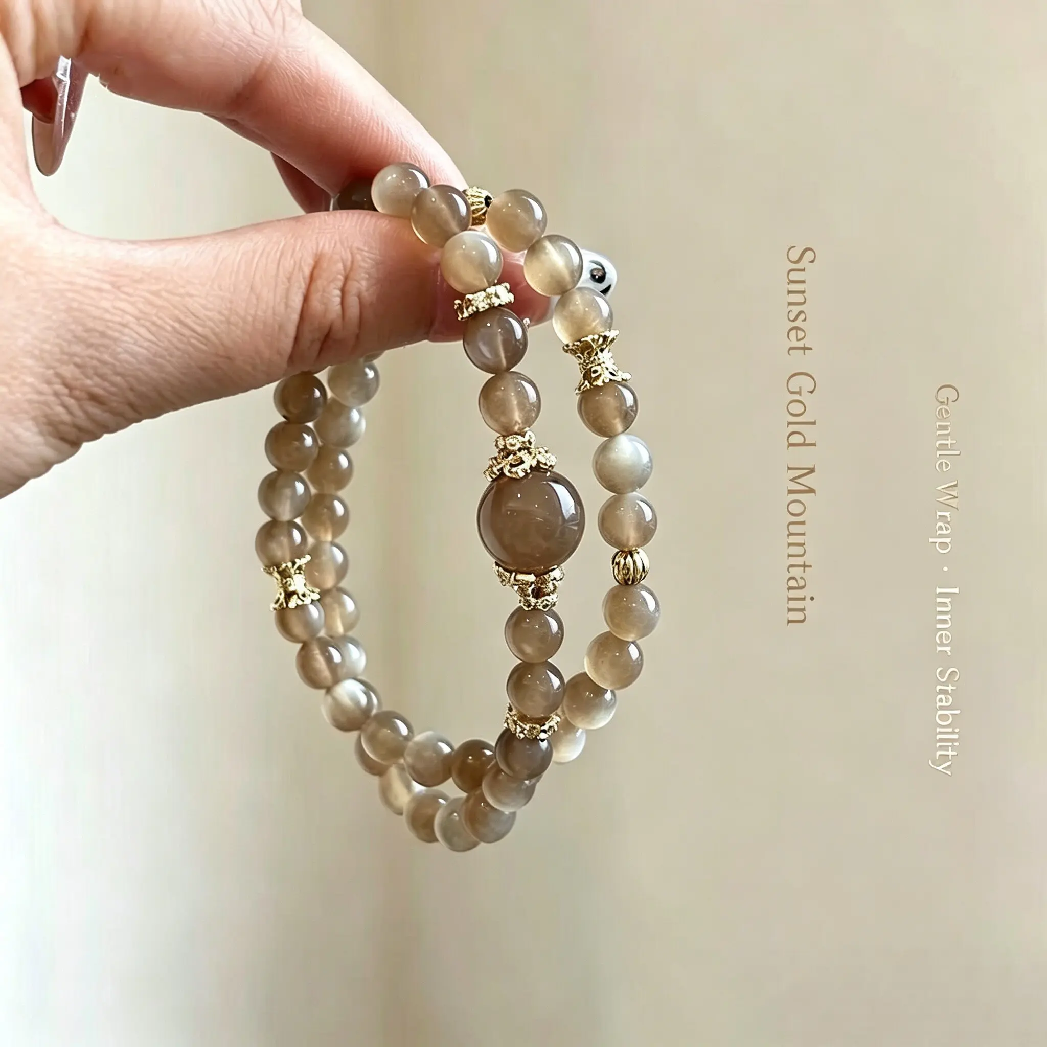Natural Gray Moonstone Beaded Bracelet for Women, Minimalist Stretch Single Strand with Round Stones & Carved Spacers, Birthday Anniversary Gift for Female Adults, Girlfriend, Single Loop
