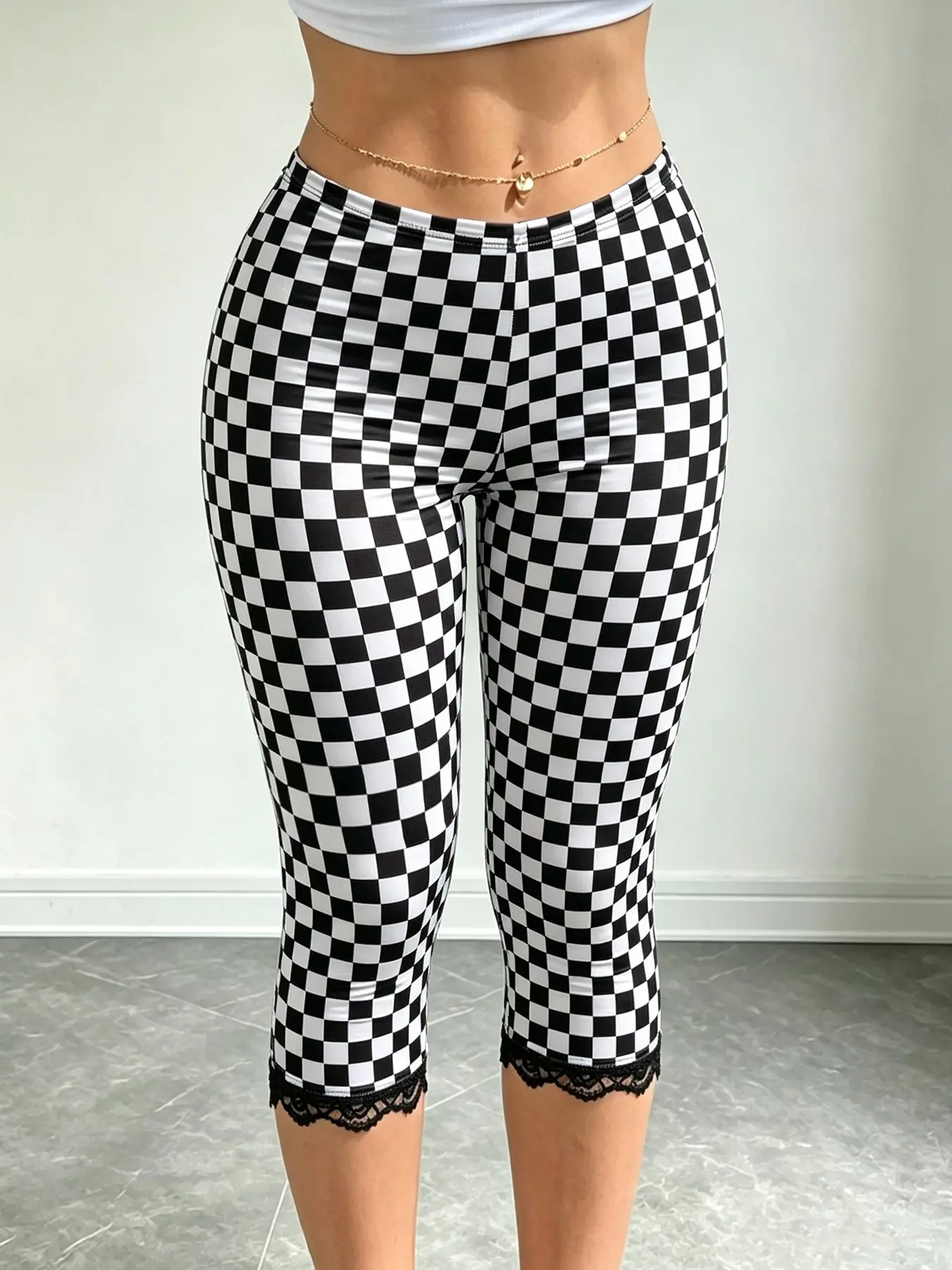 Women's Checkered Capri Pants, Lace Trimmed Ankle Design, Slim Fit, All Seasons, Casual & Workout Wear