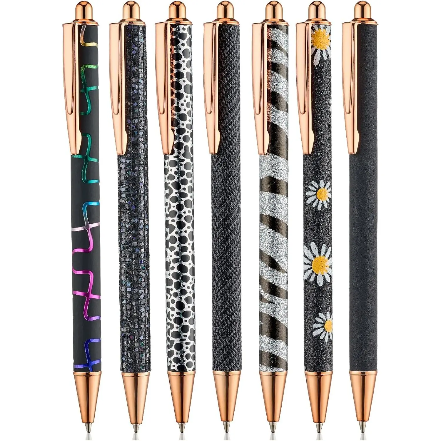 Fancy Pens for Women, 7 Pack, Black Ink Ballpoint, 10 Refills| 1.0mm, Glitter Cute Pens for Journaling, Sparkly Fancy Pen for Writing, Women & Girls, School, Gifts, College Students