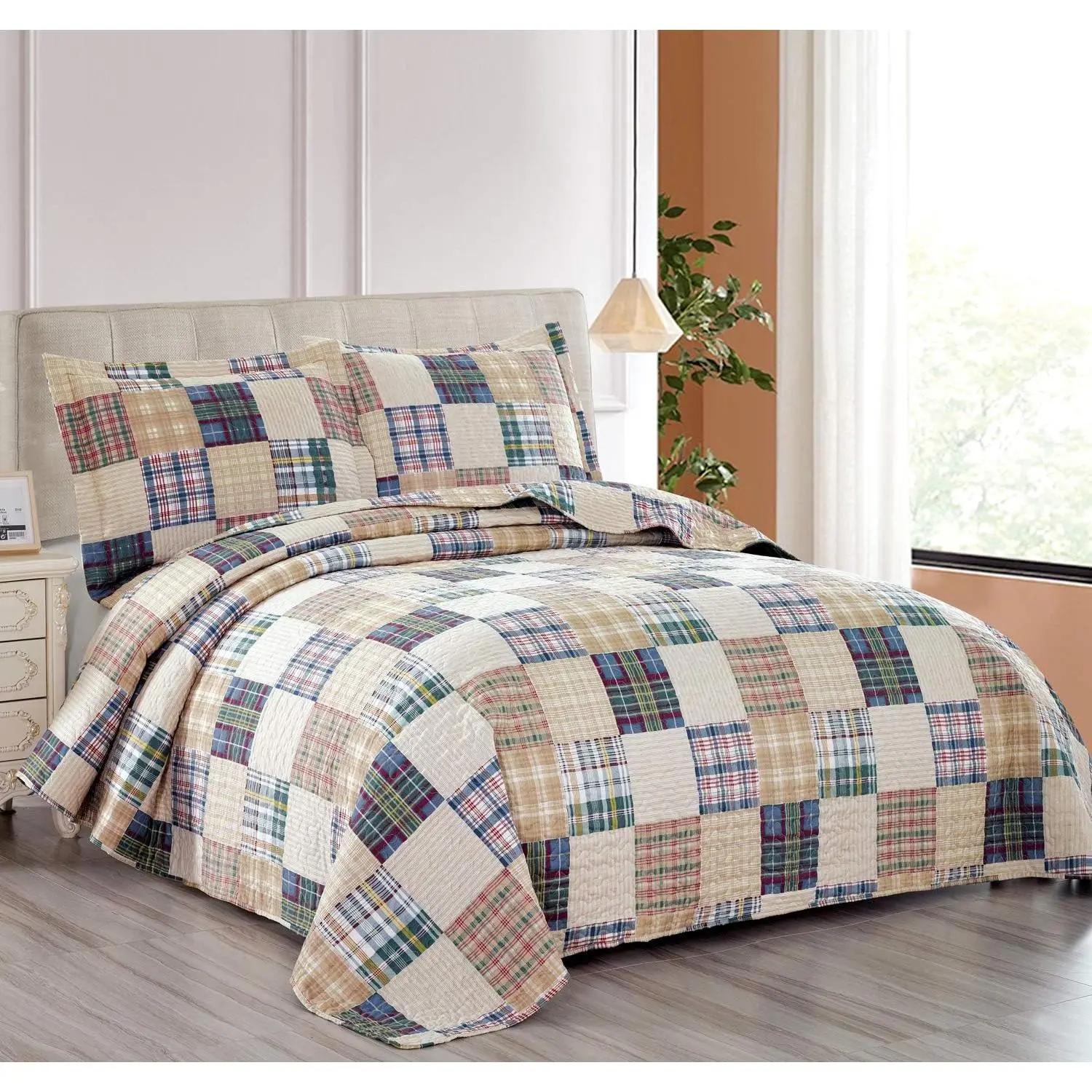 Beige  Quilt Set  Size Country Patchwork Bedding Quilt Lightweight Reversible Bedspread Coverlet with Sham Soft   Bed Coverlet Set, 1 Quilt 2 Pillow Shams (Beige, )