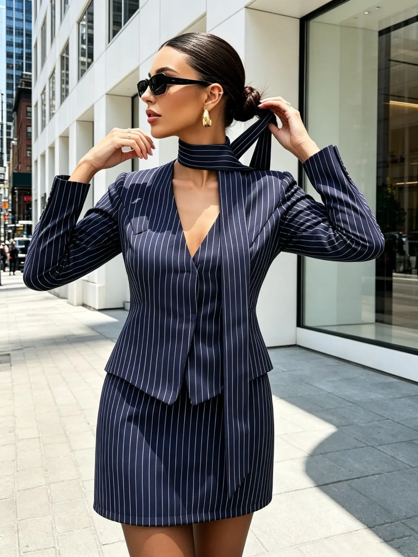 Women's Executive Striped Suit Set, Deep V Blazer Vest, Mini Skirt, Commuter, Business Casual, Essential Business Attire, Elegant Professional Wear, Urban Office Style, Business Casual Suits