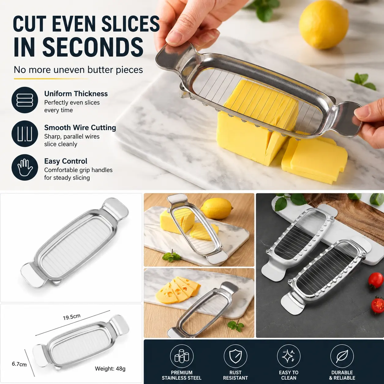 Stainless Steel Butter and Cheese Slicer with Ergonomic Handle - A versatile kitchen tool for evenly slicing butter, cheese, and fruit - Food-safe metal design, butter slicer