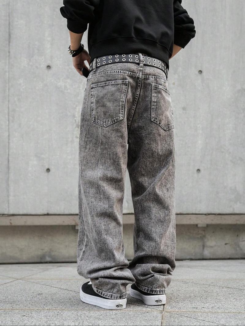 Men's Solid Color Wide Leg Multi Pocket Jeans, Loose Casual Comfy for Daily Wear, Woven Bottoms for All Seasons