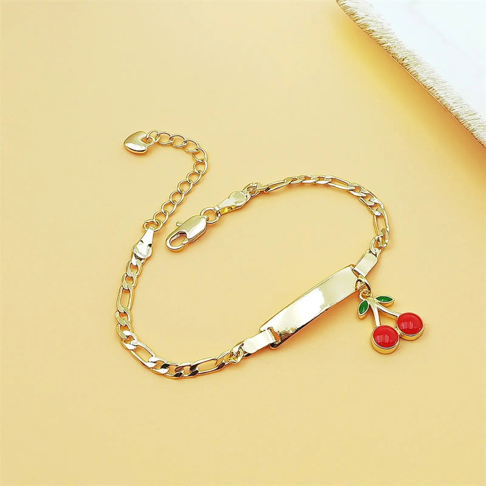 Women Figaro Chain ID Bracelet, Trending Enamel Cherry Engravable Bar Wrist Bracelet, Gold Plated Adjustable Fruit Charm Nameplate Jewelry, Lobster Clasp Blank Custom Engrave Wrist Accessory, Waterproof Polished Dainty Sweet Cartoon Charm Bangle, Daily Da