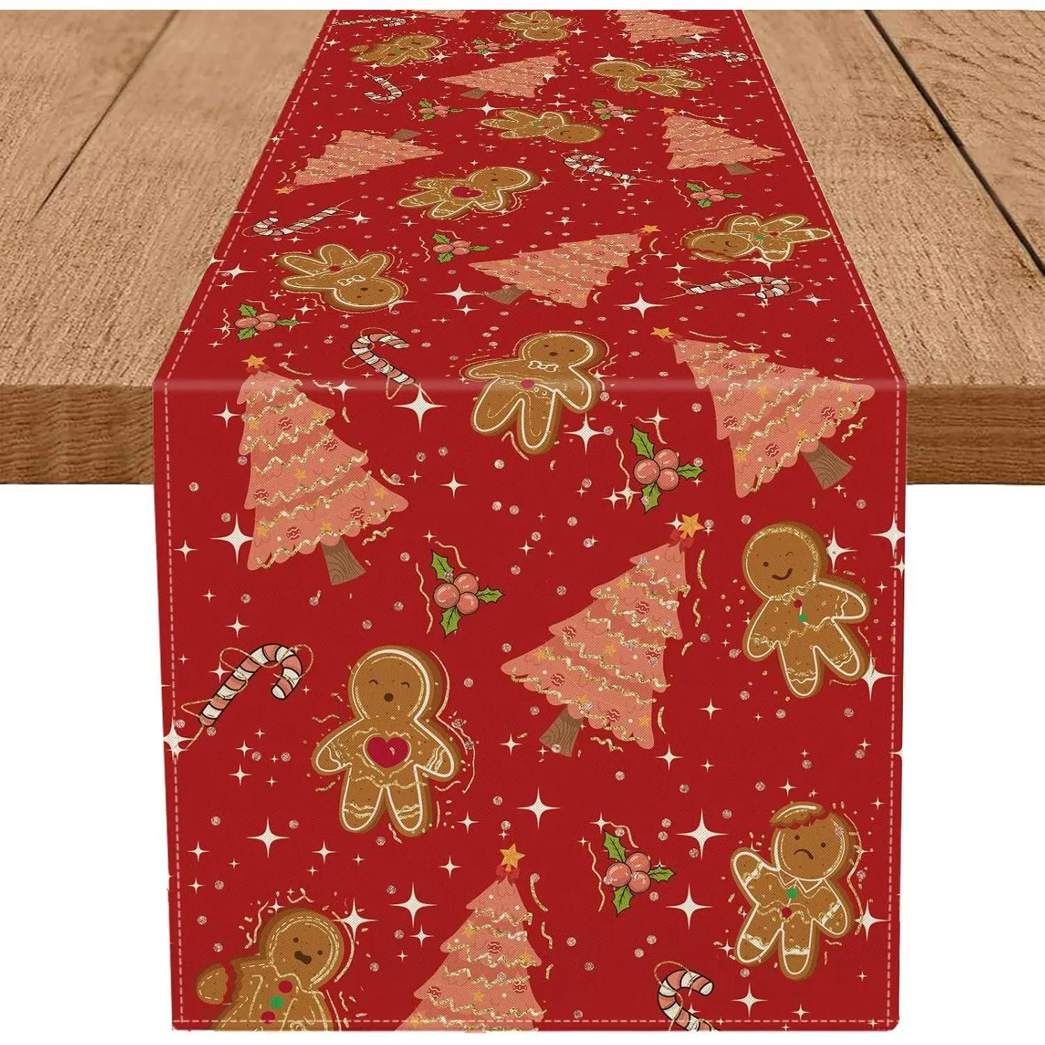 Gingerbread Christmas Decorations Red Table Runner  Tree Glitter Xmas Winter Candy Cane Holiday Kitchen Dining Merry Christmas Table Decor 13x72 in