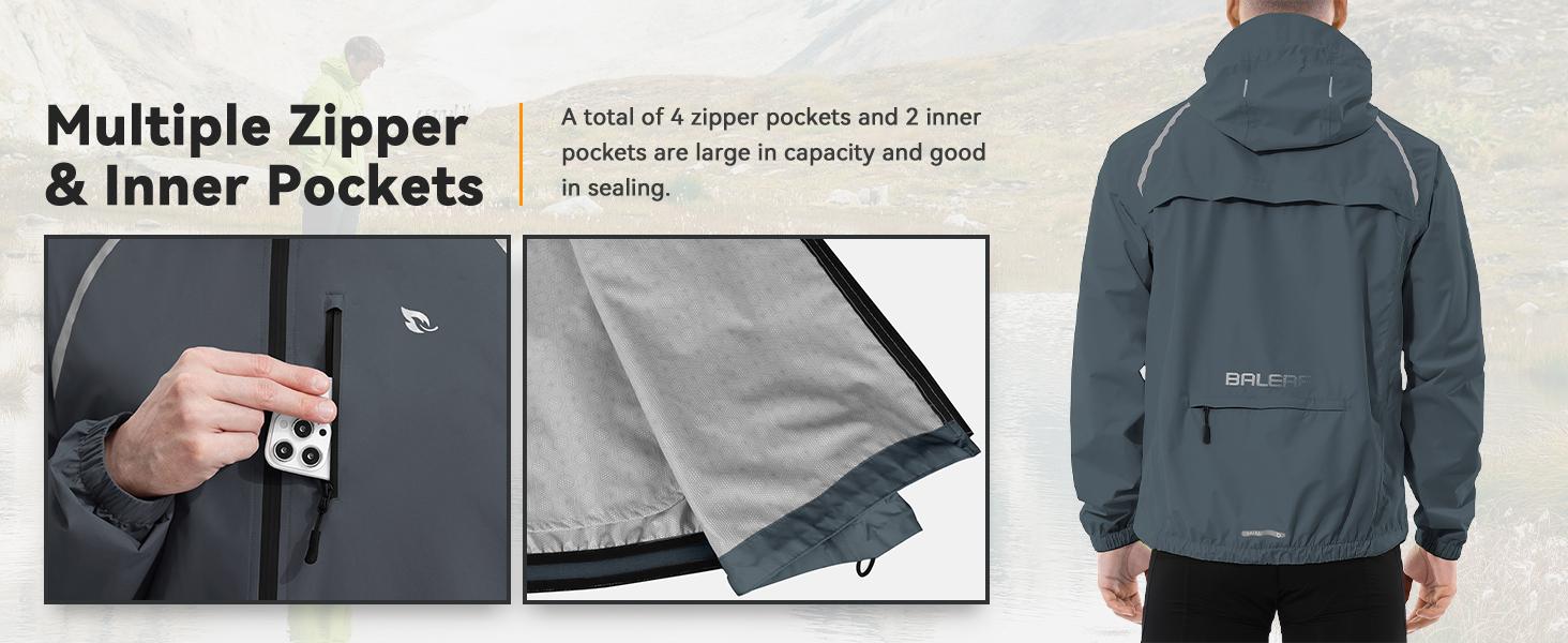 Baleaf Mens Waterproof Rain Jacket Lightweight Packable Windbreaker Hooded Reflective Coat Running Cycling Hiking Gear