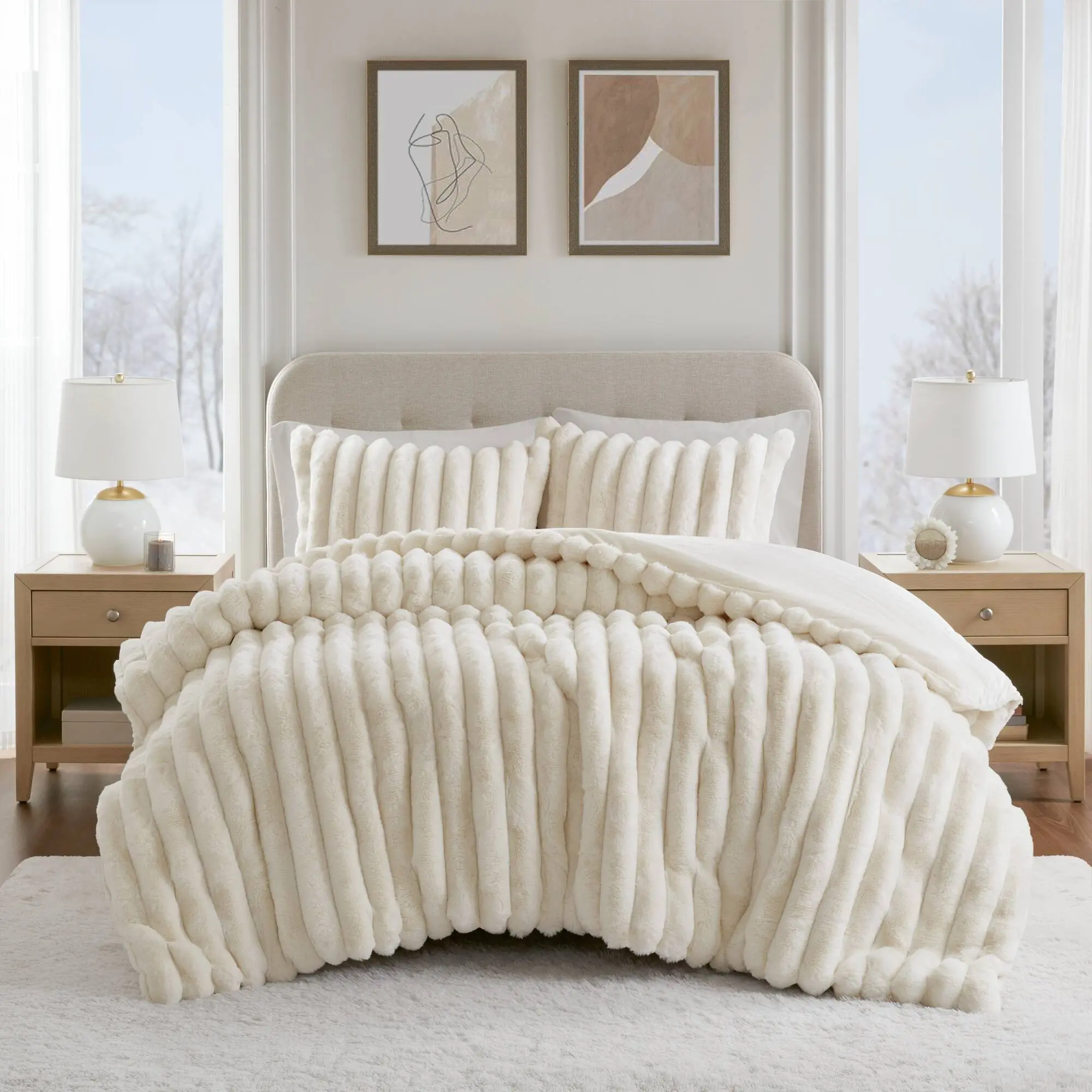 Nokaa 3-Piece Full/Queen Soft soft plush Ribbed Comforter Set Ivory Plush Bedding with Shams Cozy Warm Fluffy Textured Duvet Insert for Bedroom Guest Room All Season Down Alternative Hypoallergenic