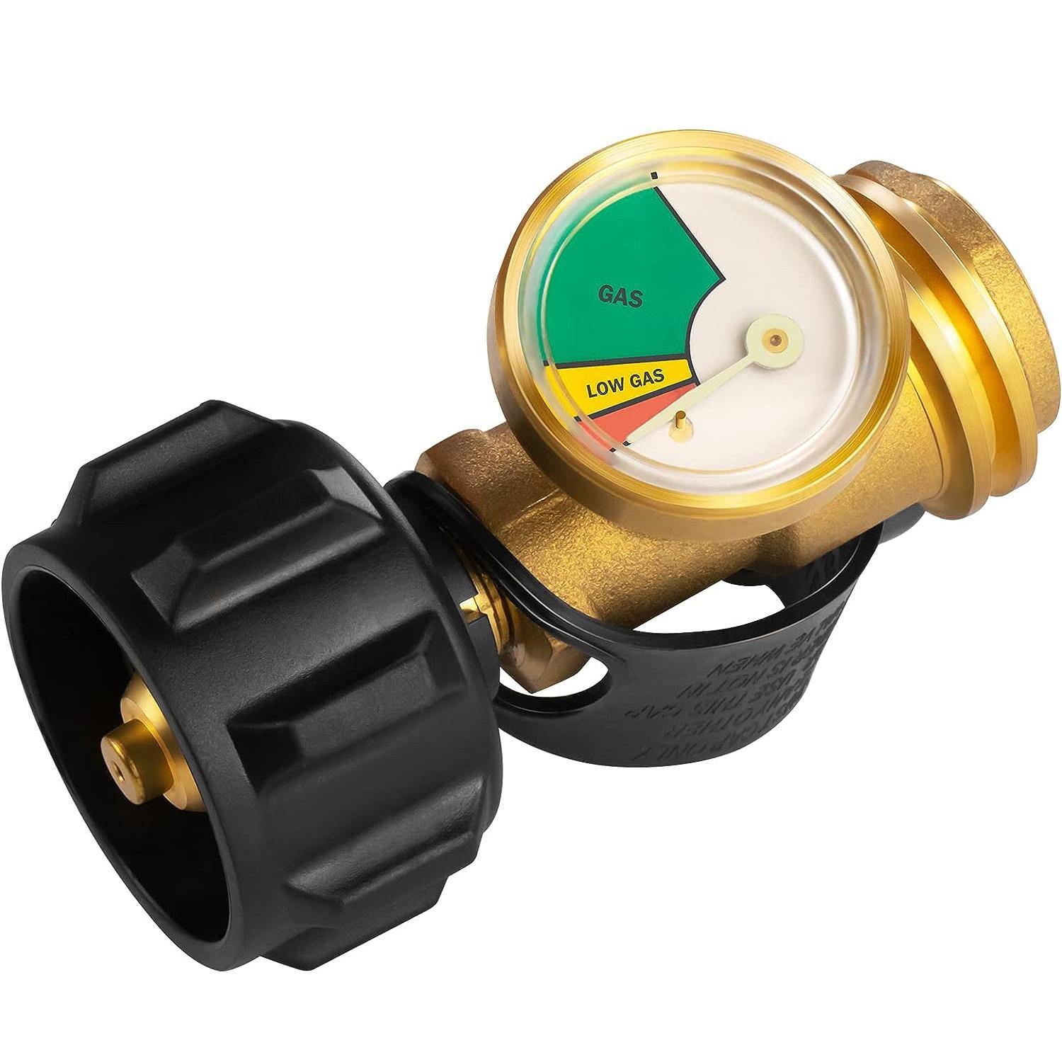 Propane Tank Gauge, Brass Construction, Propane Level Indicator, Low Fuel Level Monitoring for 5-40lb Tanks, Perfect for RV Camper, Camping, Propane Heater, Fire Pit, Gas Grill and More, QCC1/Type 1 Connection, Universal Compatibility