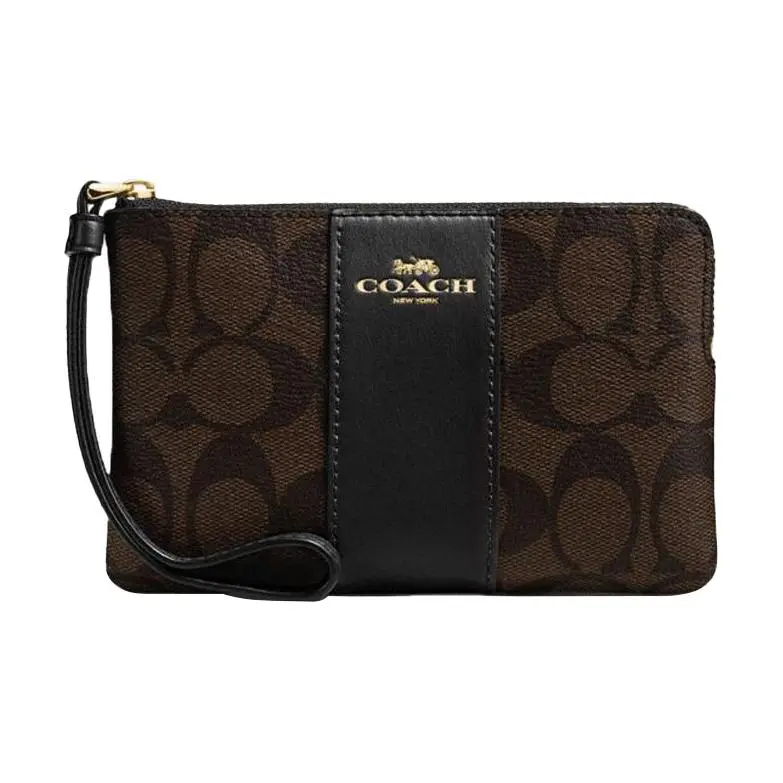 COACH Corner Zip 16 Handheld Wristlet Clutch Purse for Women, Monogram Canvas and Leather, Dark Brown