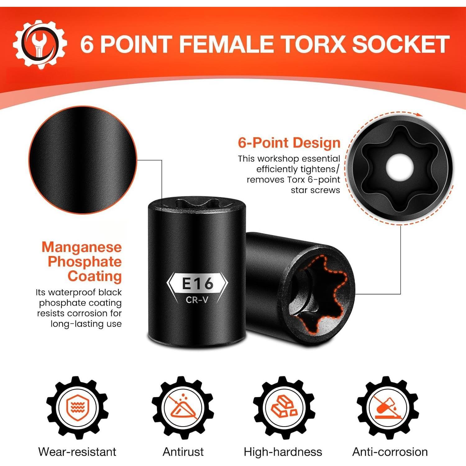 E Torx &  Socket Set With Rail, 11- Female External Sockets, 3/8" 1/4" Drive Precision Torque Inverted Torx Kit, E4 E5 E6 E7 E8 E10 E12 E14 E16 E18 E20 Reverse Socket