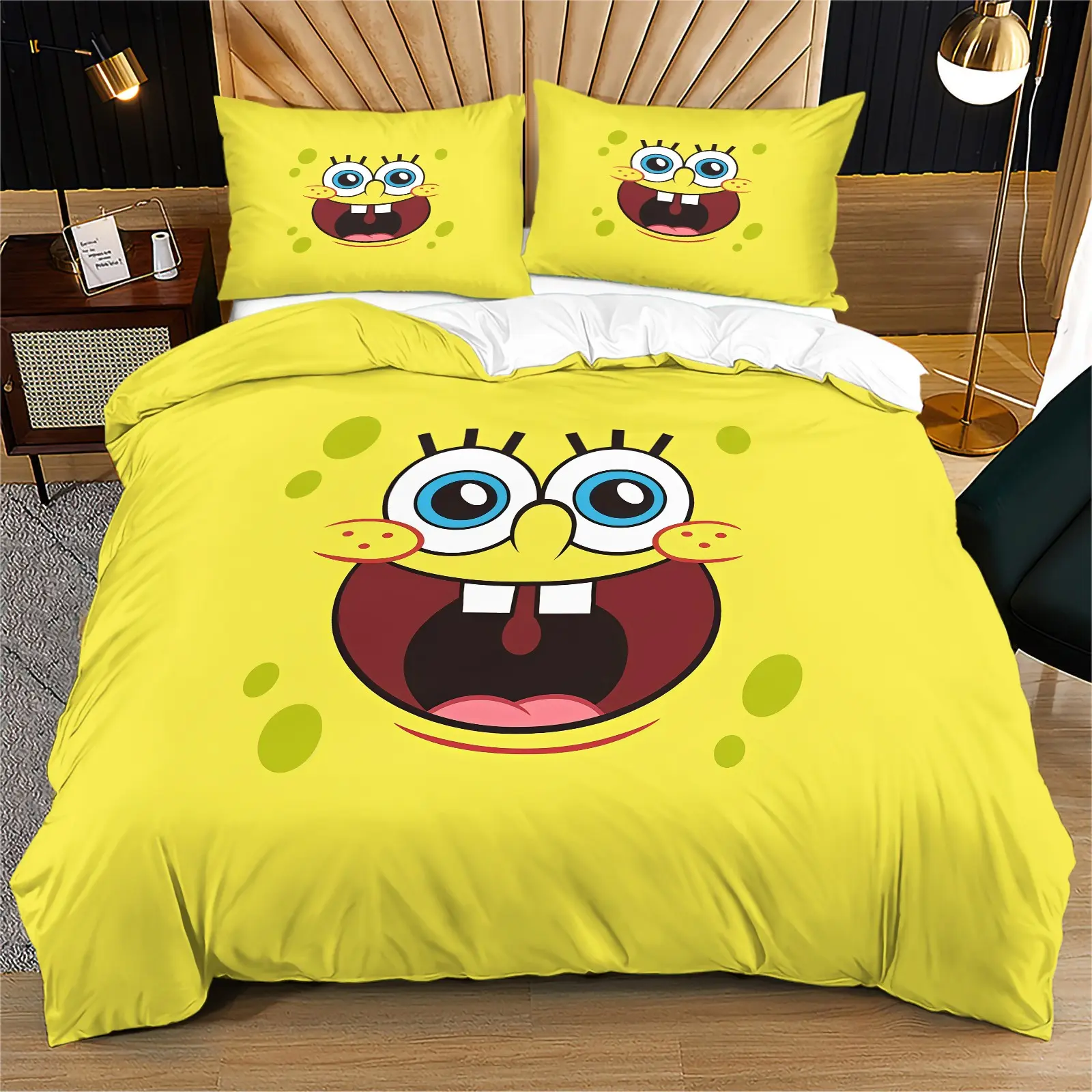 Spongebob Squarepants Pattern Duvet Cover Set, Soft And Comfortable Bedding Set, Including 1 Duvet Cover And 1 Or 2 Pillowcases, Excluding Duvet Core And Pillow Core, Suitable For Teenagers And Adults, Bedroom, Dormitory, Apartment Scene