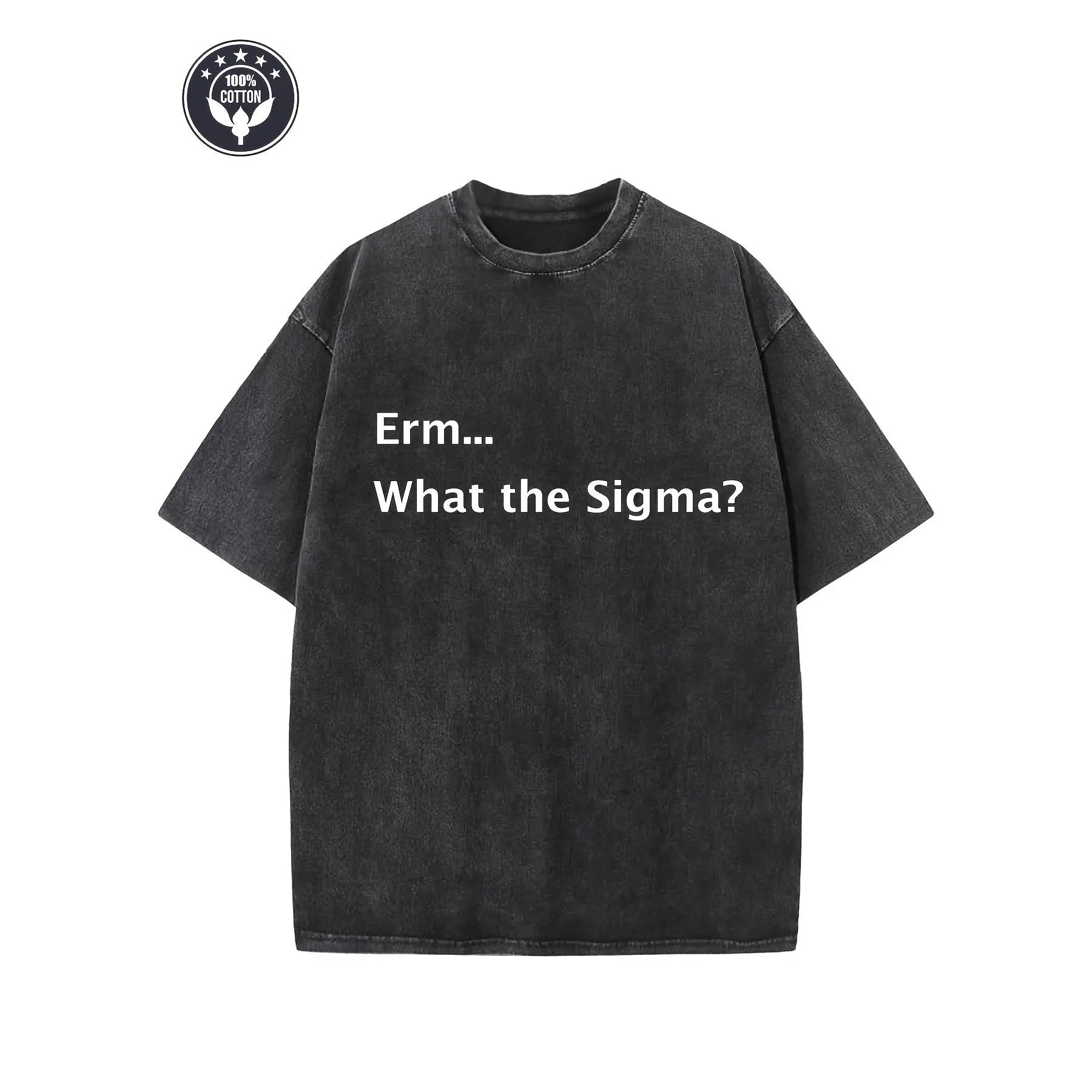 "Erm...What The Sigma?" Creative Pattern Printing Heavy 230g Pure Cotton Oversized Drop Shoulder T-shirt Washed T-shirt Men's Retro Street T-shirt Basic T-shirt Loose Hip-hop Unisex Top Acid Wash T-shirt