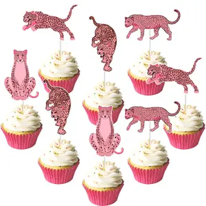 36Pcs Cheetah Birthday Decorations Cupcake Topper Pink Cheetah Birthday Decoration Pink Leopard Cupcake Topper for Girl Jungle Safari Wild One Cheetah Print Birthday Baby Shower
