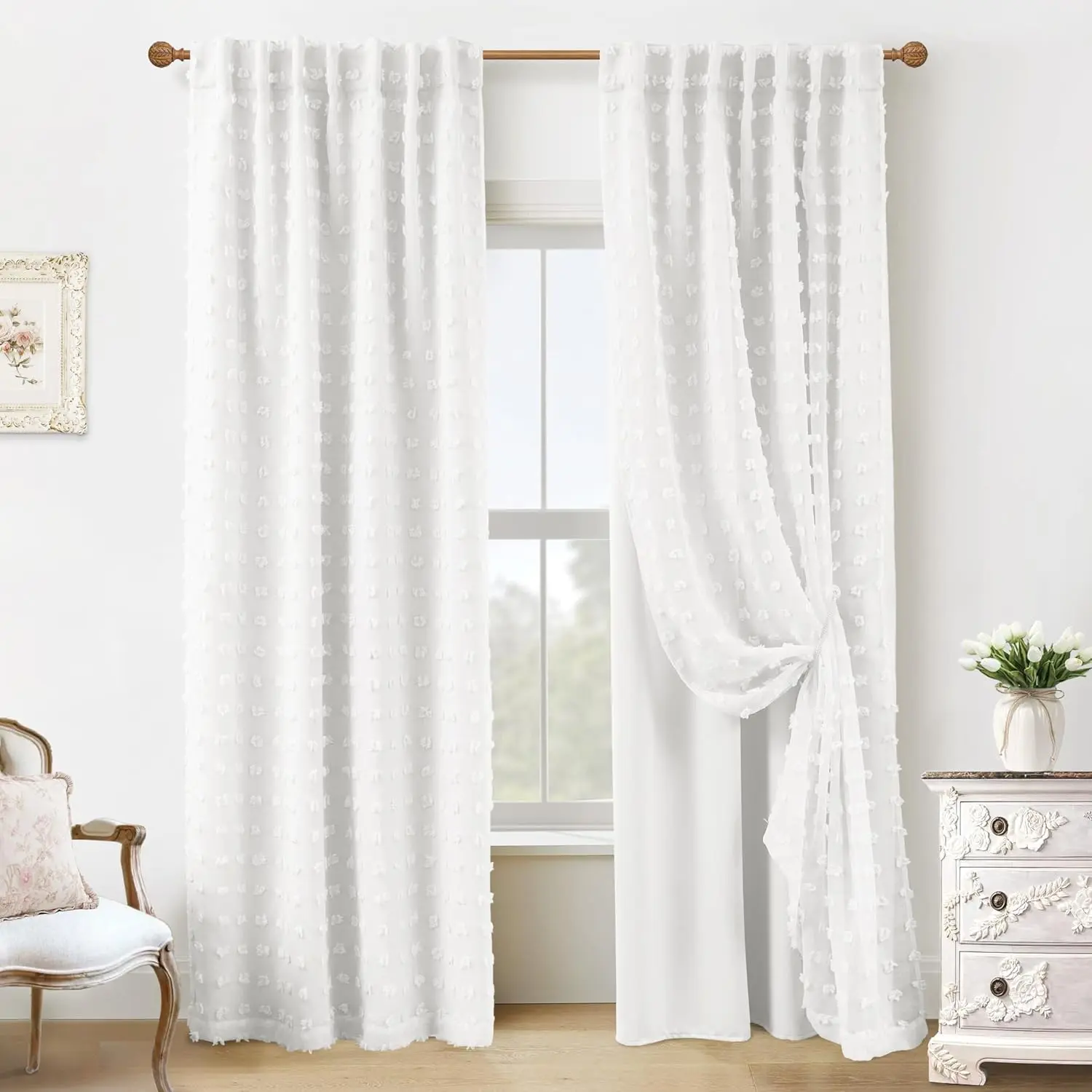 White Blackout Pleated Ruffle Curtains for Bedroom with,Room Darkening Pom Pom Textured Ruffled Farmhouse Boho French Decorative Curtains for Living Room 84 Inches Long