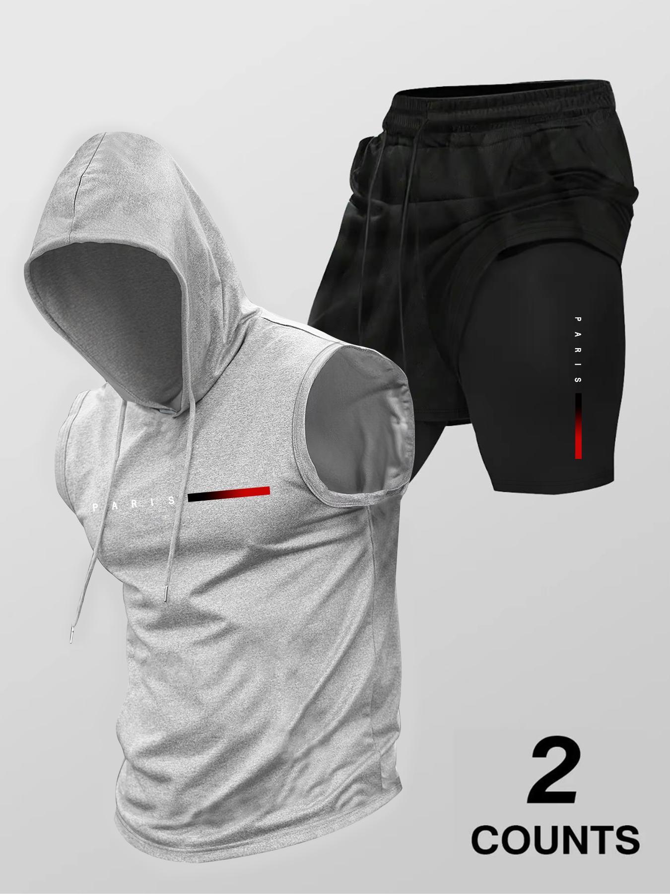 Two-Piece Set Men's Letter Print Hooded Tank Top & Drawstring Waist Shorts Set, Regular Fit Sleeveless Top & Track Shorts, Casual Summer Clothes Set for Outdoor Sports