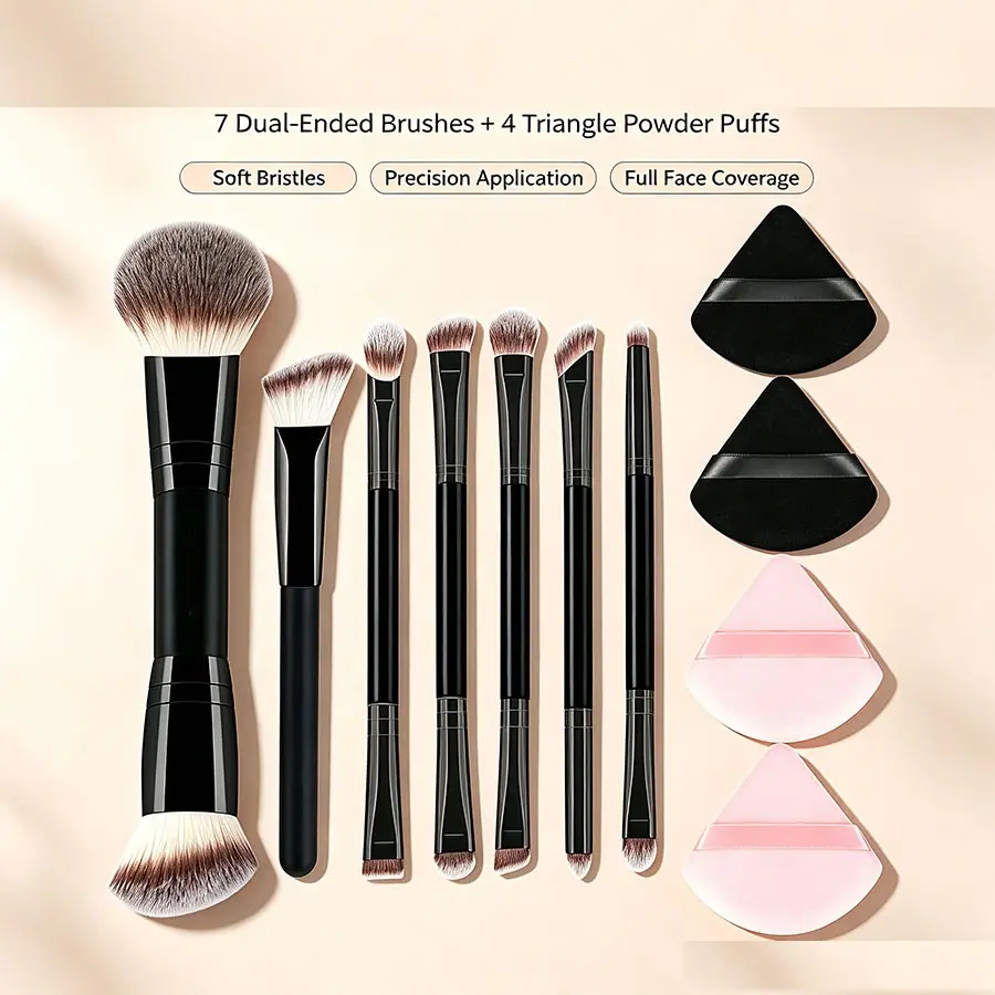 7-Piece Dual-Ended Makeup Brush Set with 4 Triangle Puff Brushes, Soft Synthetic Bristles for Foundation, Blush, Eyeshadow, Concealer, Makeup Brush Kit