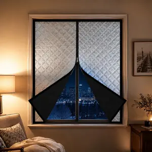 Zipper Thermal Quilted Curtain, No-Drill Self-Adhesive Window Cover, Windproof Blackout Cold-Blocking Curtain for Cozy Winter Rooms